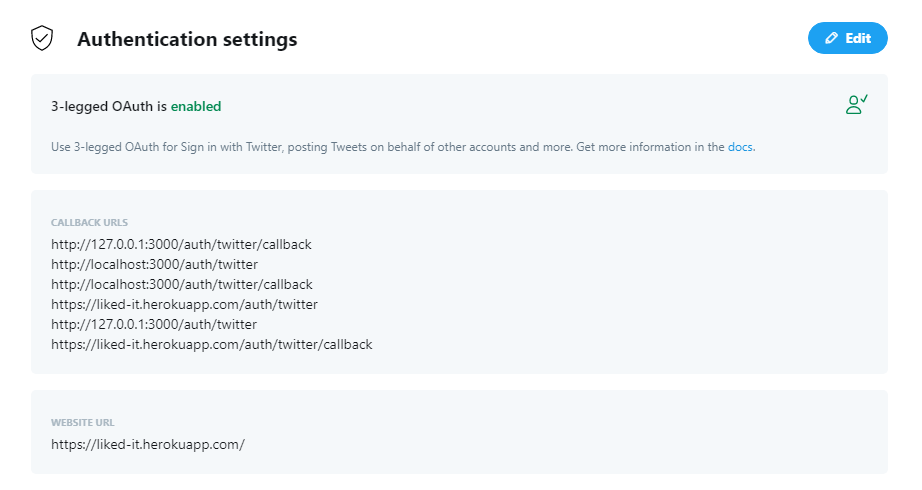 Twitter dev portal settings